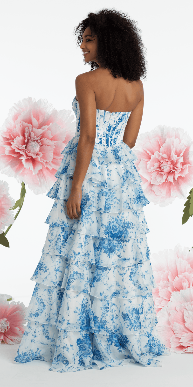 Chiffon Floral Print Corset Tiered Ballgown - Camille La Vie