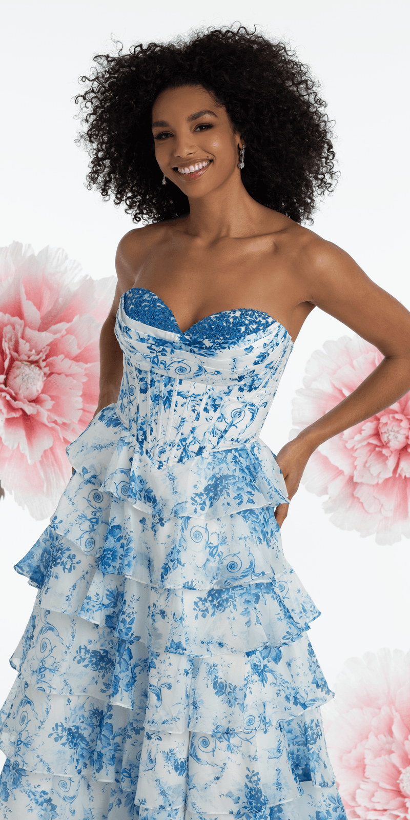 Chiffon Floral Print Corset Tiered Ballgown - Camille La Vie