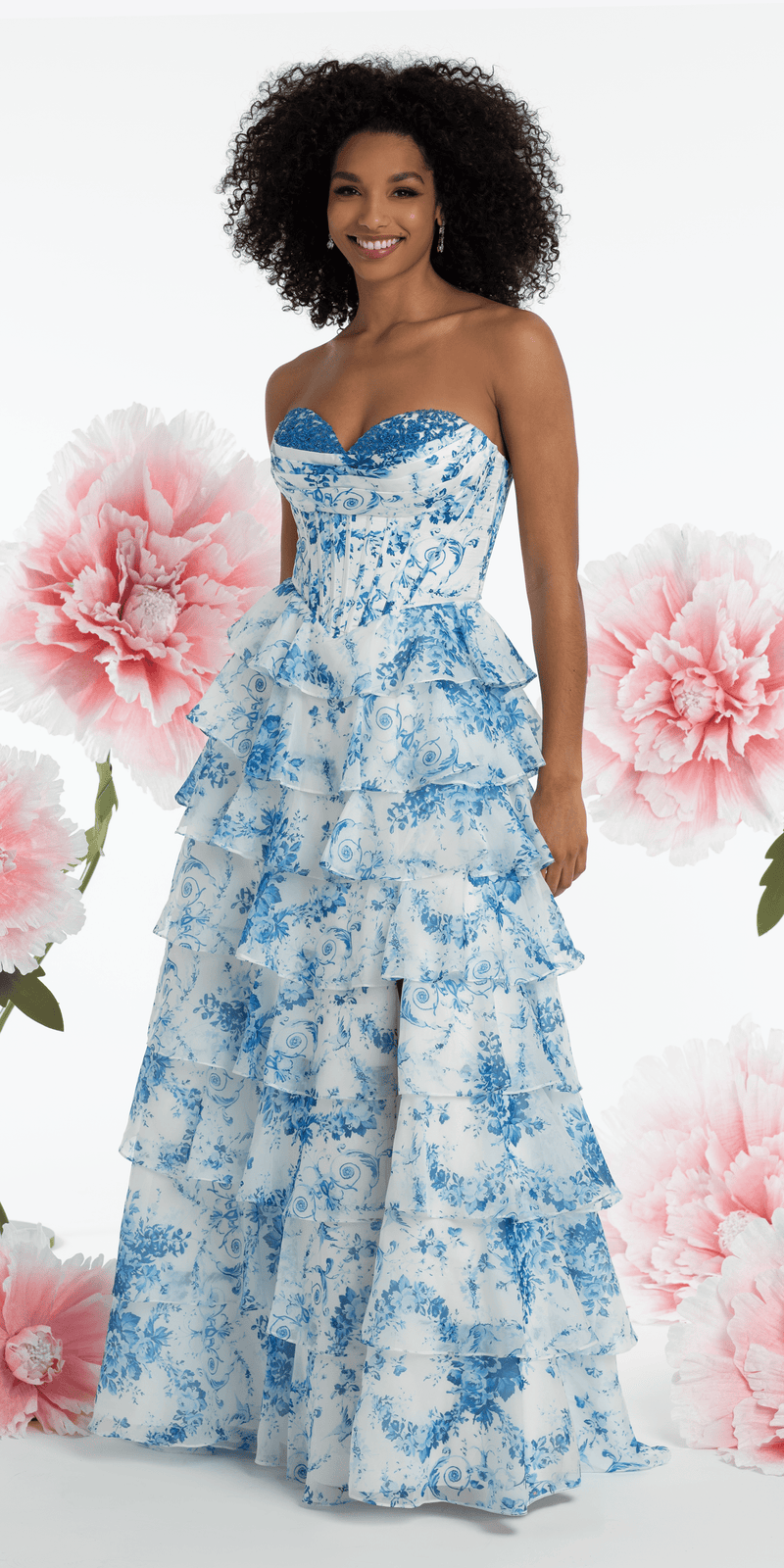 Chiffon Floral Print Corset Tiered Ballgown - Camille La Vie