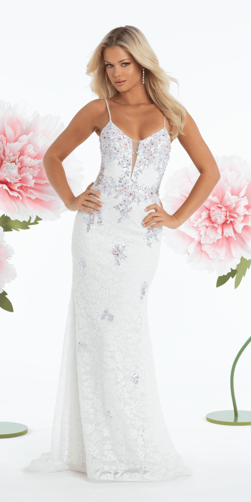 Sweetheart Lace Plunge Trumpet Dress with Floral Appliques - Camille La Vie