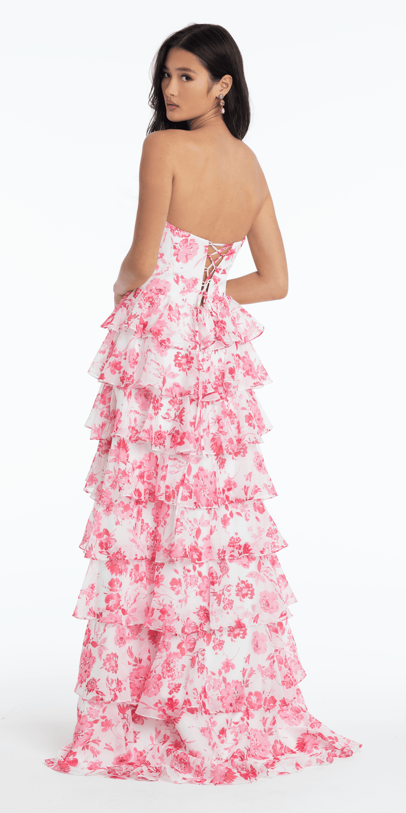 Floral Print Strapless Chiffon Tiered A Line Dress - Camille La Vie