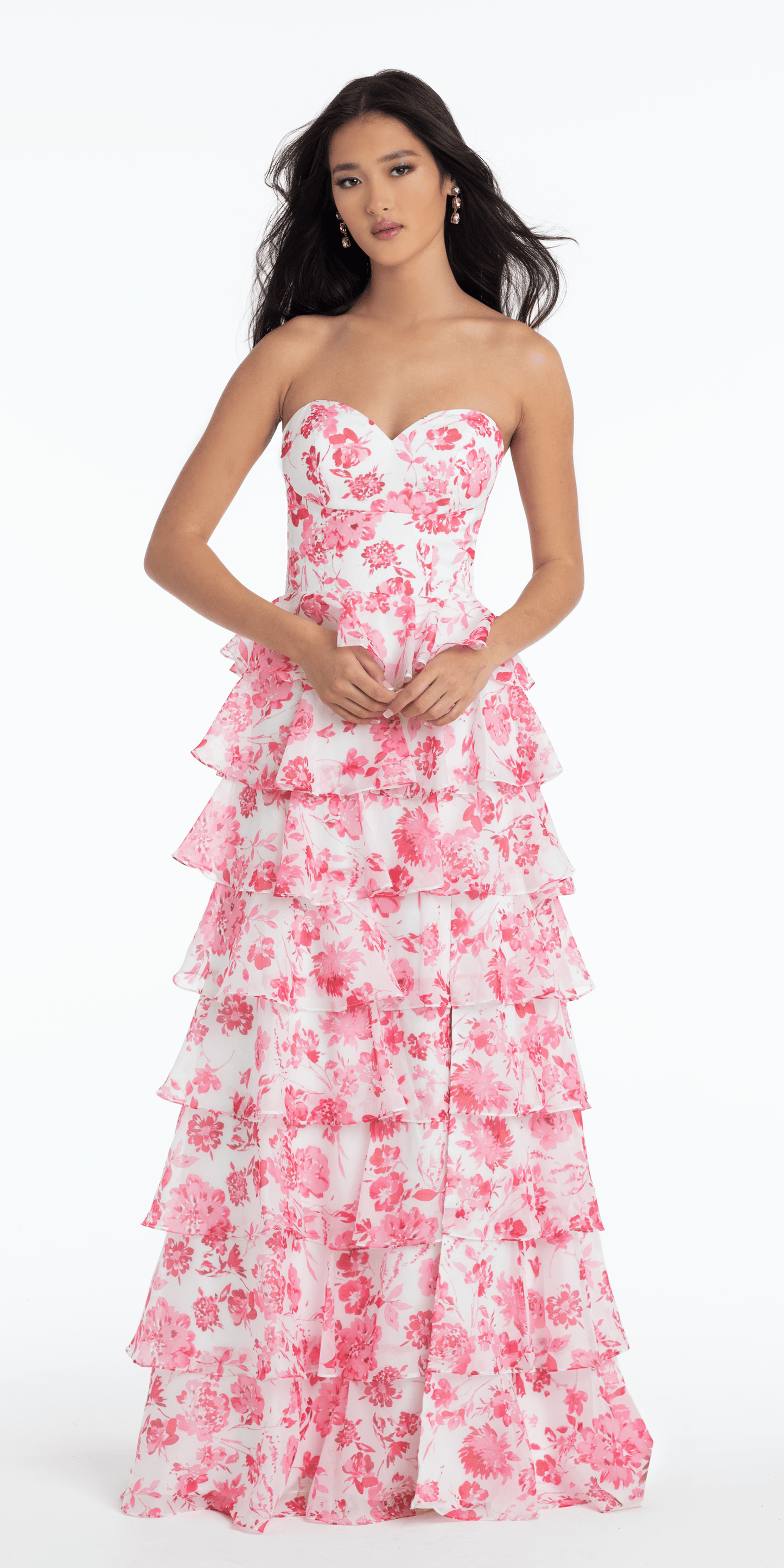 Floral Print Strapless Chiffon Tiered A Line Dress - Camille La Vie