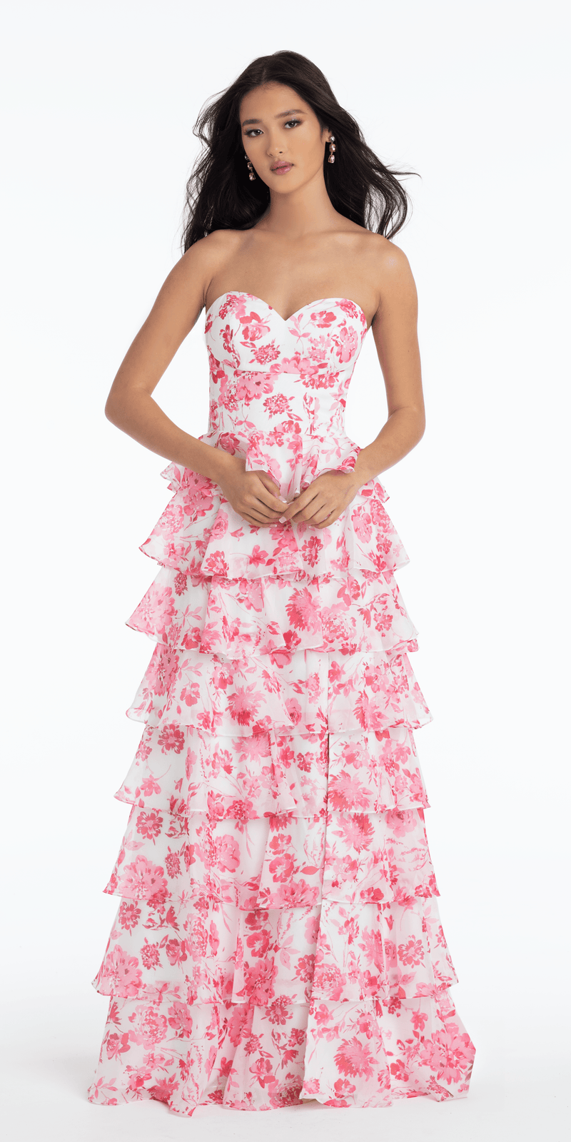 Floral Print Strapless Chiffon Tiered A Line Dress - Camille La Vie