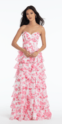 Floral Print Strapless Chiffon Tiered A Line Dress - Camille La Vie