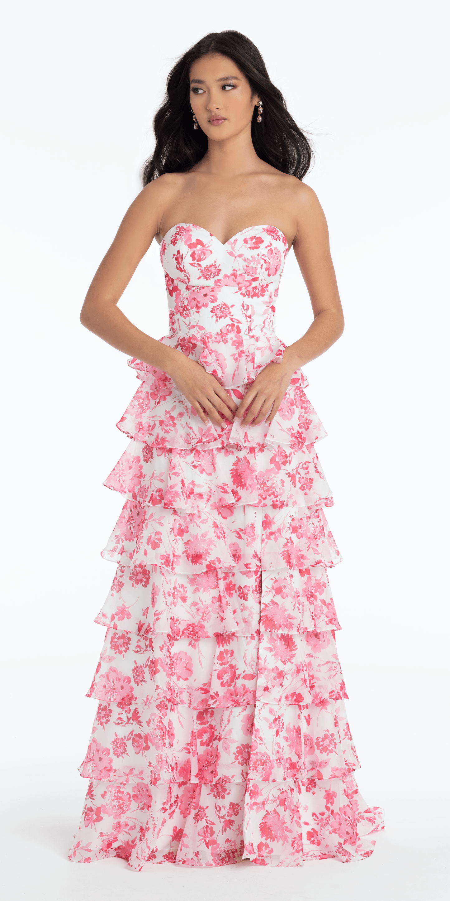 Floral Print Strapless Chiffon Tiered A Line Dress - Camille La Vie