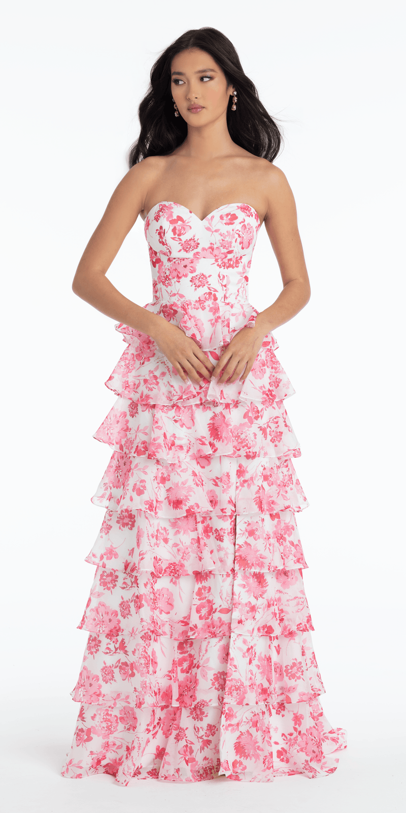Floral Print Strapless Chiffon Tiered A Line Dress - Camille La Vie