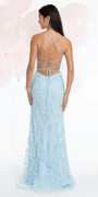 Mesh Pearl Beaded Strappy Back Column Dress with Sweep Train - Camille La Vie