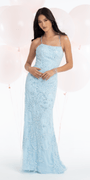 Mesh Pearl Beaded Strappy Back Column Dress with Sweep Train - Camille La Vie