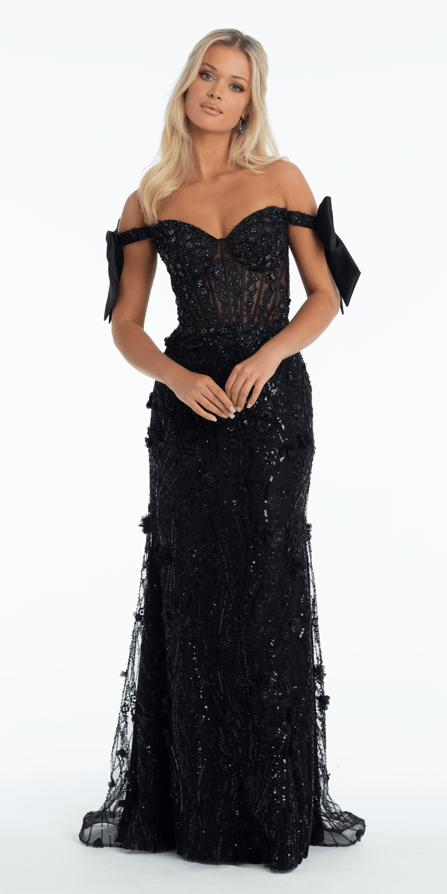Mesh Off the Shoulder Stone Corset Trumpet Dress with 3 D Appliques - Camille La Vie