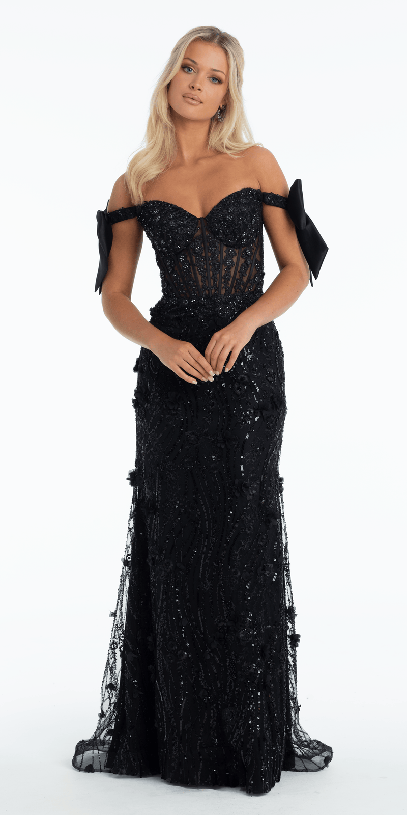 Mesh Off the Shoulder Stone Corset Trumpet Dress with 3 D Appliques - Camille La Vie