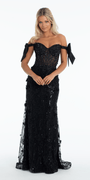 Mesh Off the Shoulder Stone Corset Trumpet Dress with 3 D Appliques - Camille La Vie