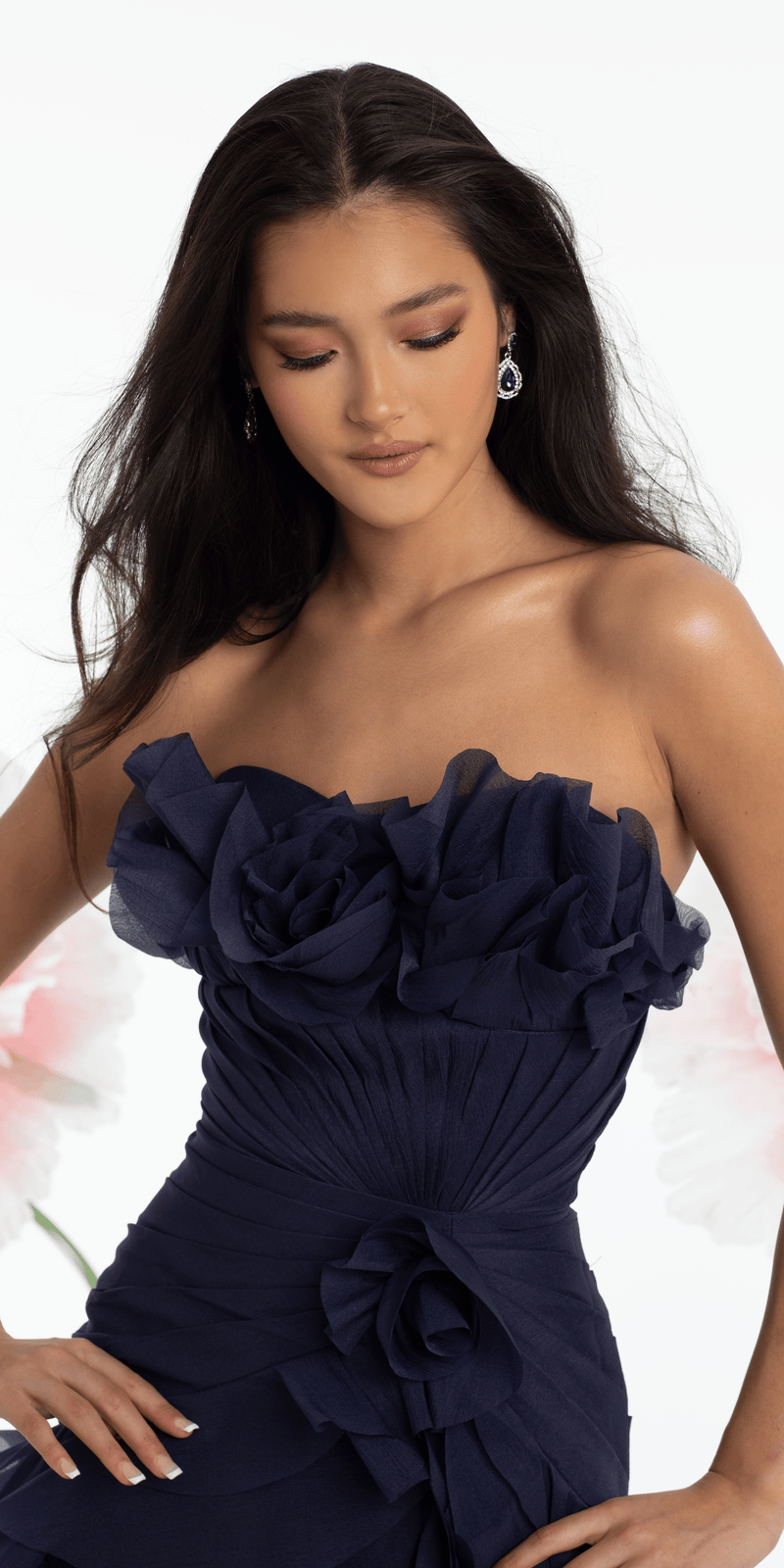 Strapless Crinkle Chiffon Pleated A Line Dress with Tendrils - Camille La Vie