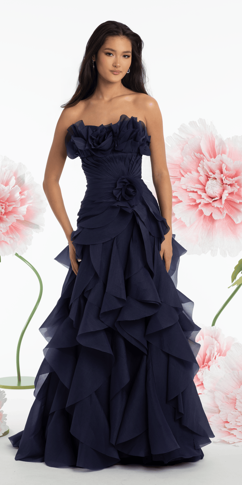 Strapless Crinkle Chiffon Pleated A Line Dress with Tendrils - Camille La Vie