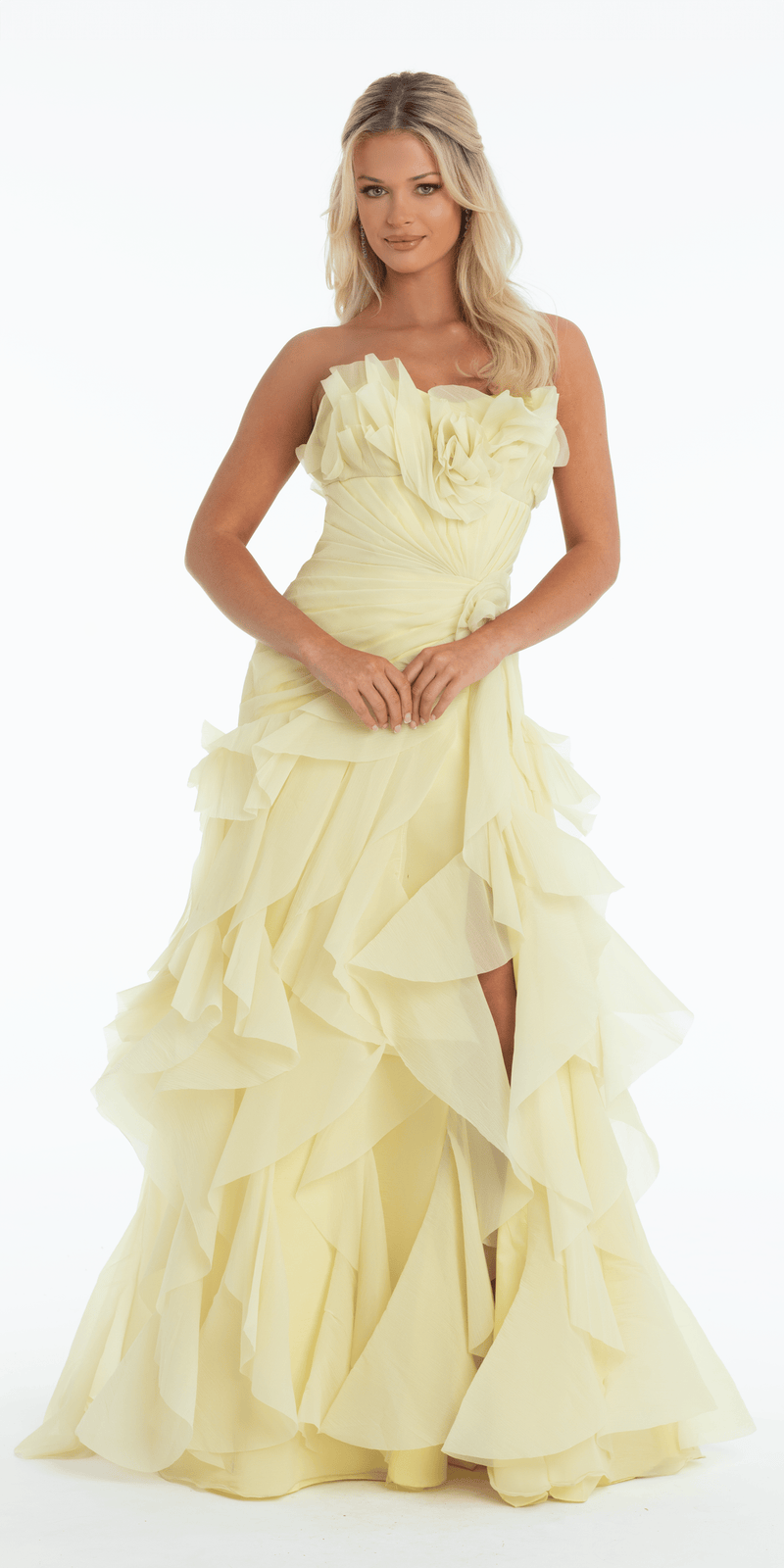 Strapless Crinkle Chiffon Pleated A Line Dress with Tendrils - Camille La Vie