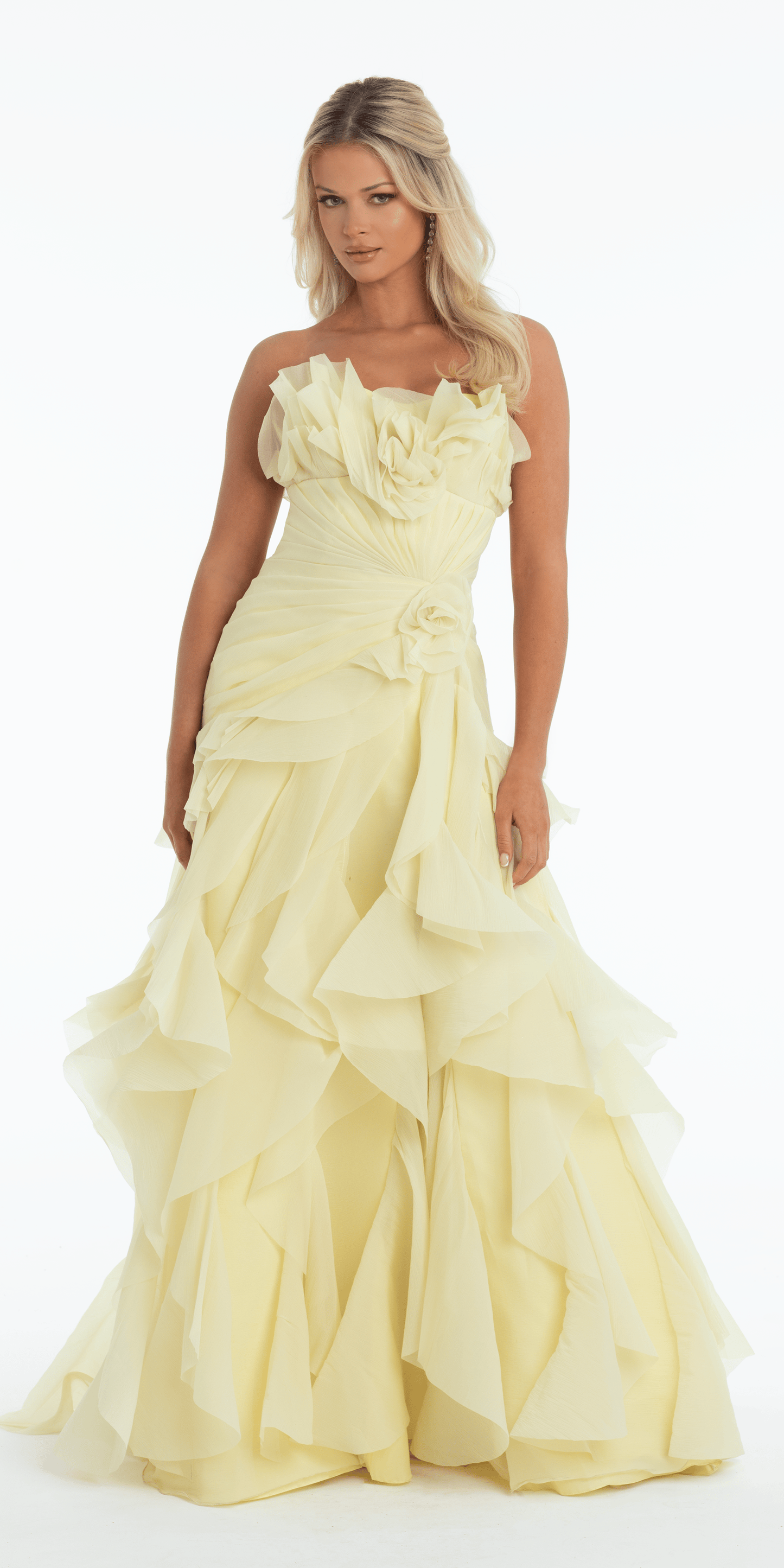 Strapless Crinkle Chiffon Pleated A Line Dress with Tendrils - Camille La Vie