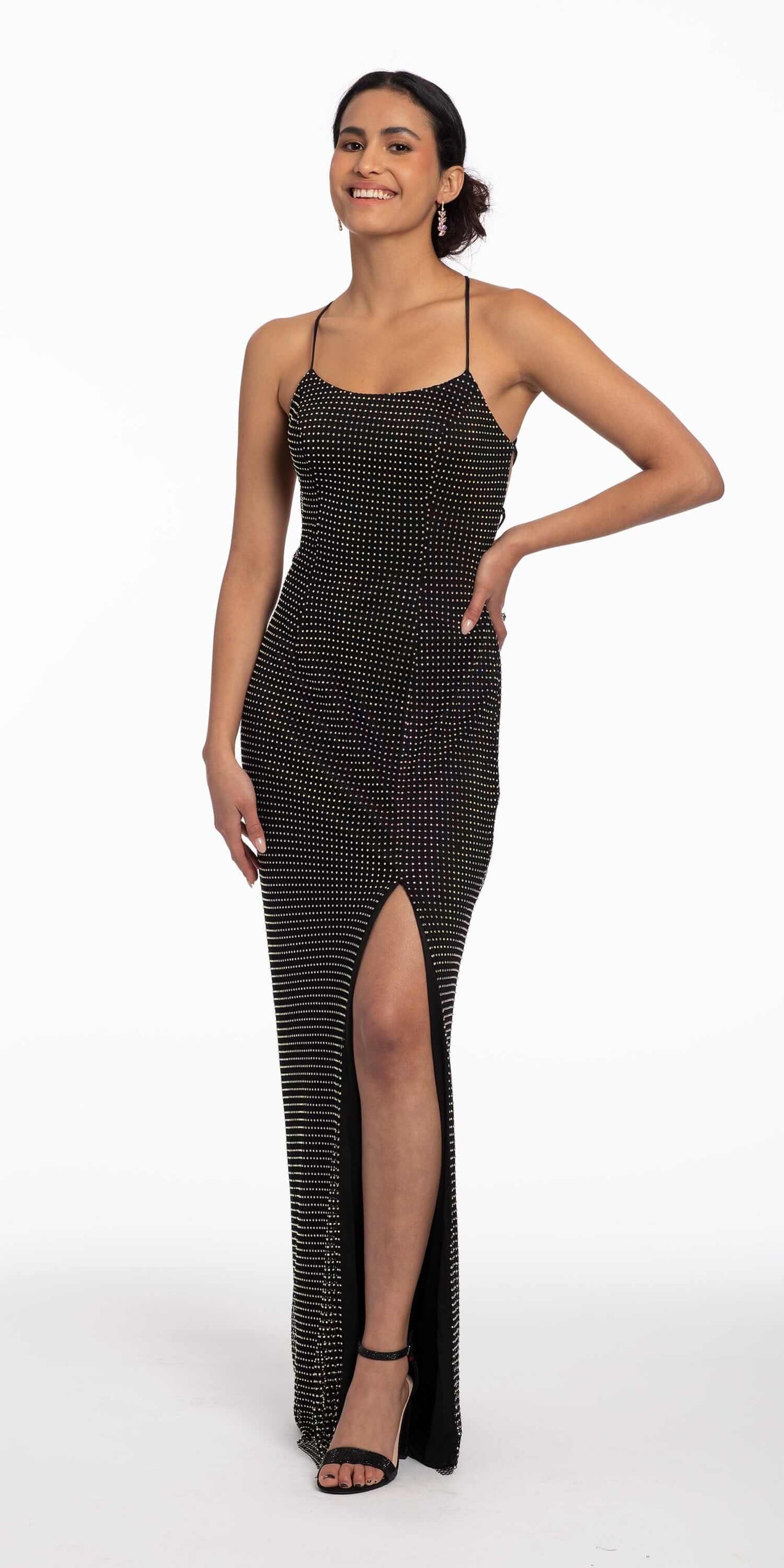 Stone Netting Lace Up Dress with Side Slit - Camille La Vie