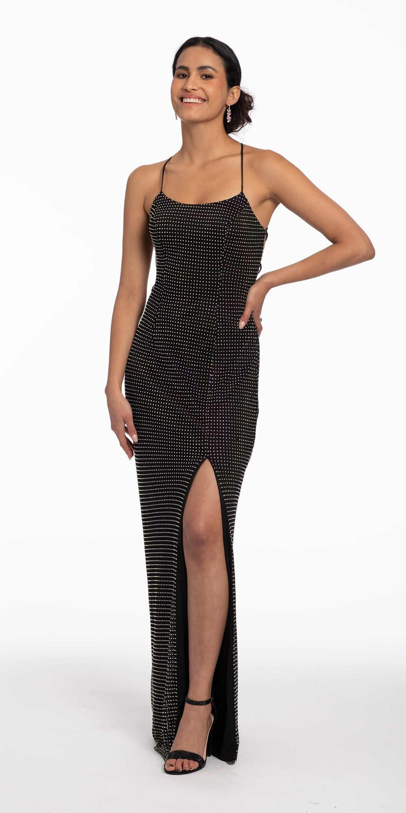 Stone Netting Lace Up Dress with Side Slit - Camille La Vie