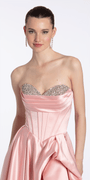 Camille La Vie Strapless Satin Rhinestone Corset Dress with Convertible Side Drape