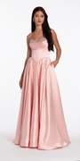 Camille La Vie Strapless Satin Rhinestone Corset Dress with Convertible Side Drape