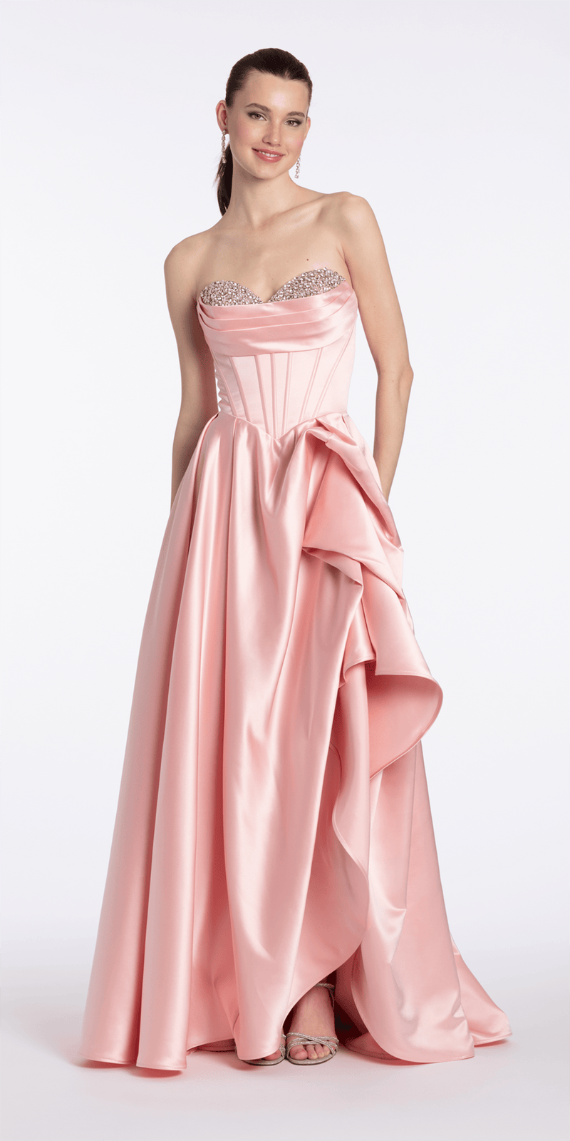 Camille La Vie Strapless Satin Rhinestone Corset Dress with Convertible Side Drape