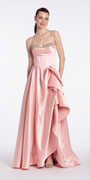 Camille La Vie Strapless Satin Rhinestone Corset Dress with Convertible Side Drape