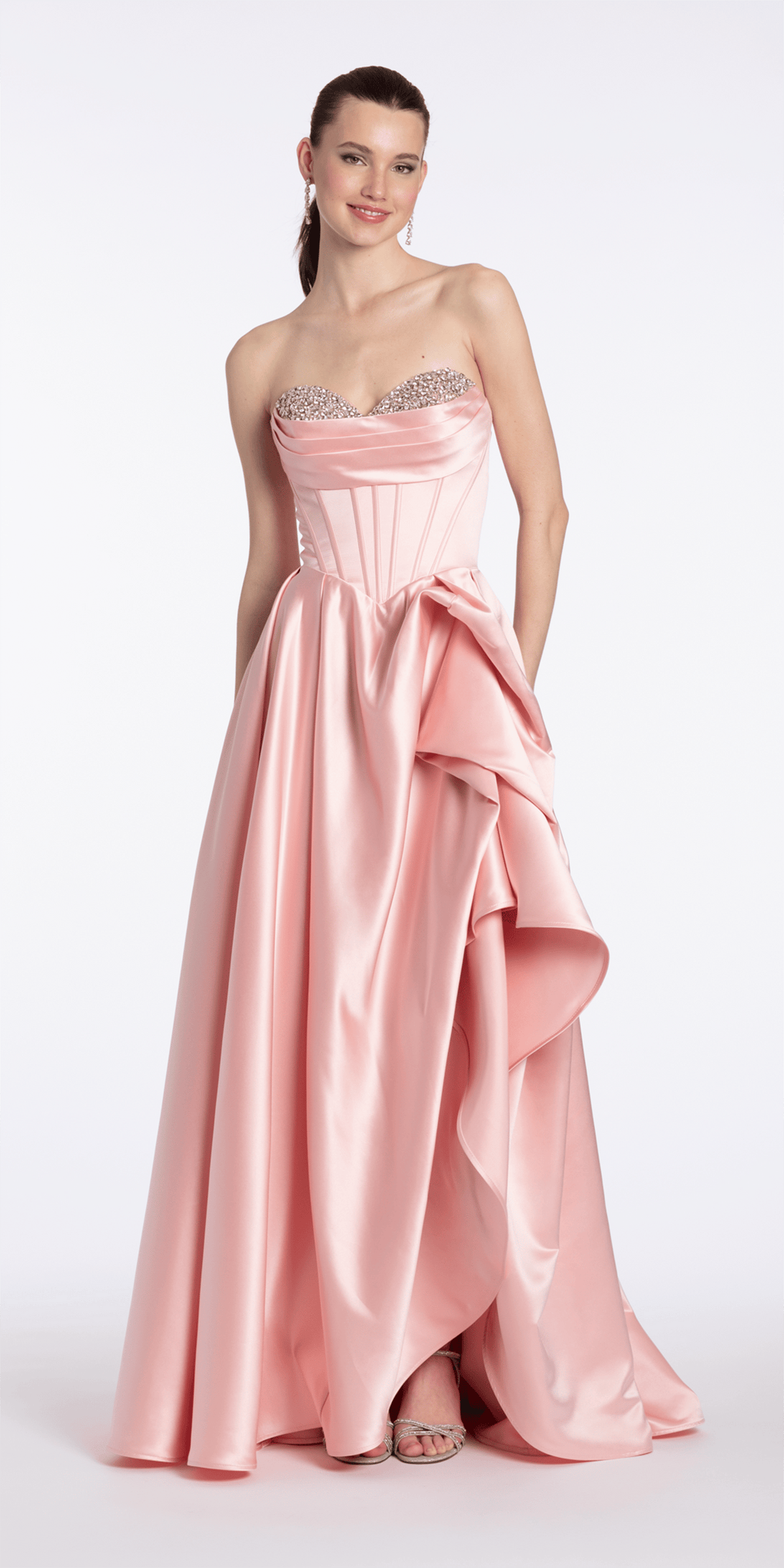 light-pink/size/4/missy/Camille La Vie /Strapless Satin Rhinestone Corset Dress with Convertible Side Drape/front alt