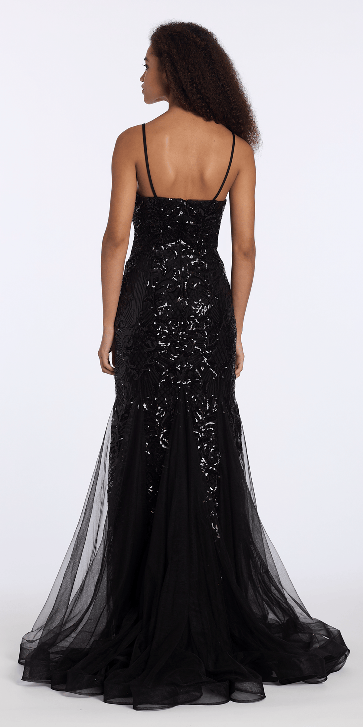 black/size/2/missy/Camille La Vie/Sweetheart Sequin Corset Trumpet Dress with Mesh Godets/back