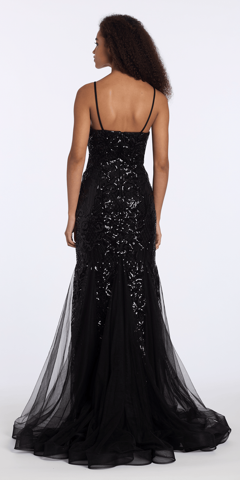 black/size/2/missy/Camille La Vie/Sweetheart Sequin Corset Trumpet Dress with Mesh Godets/back