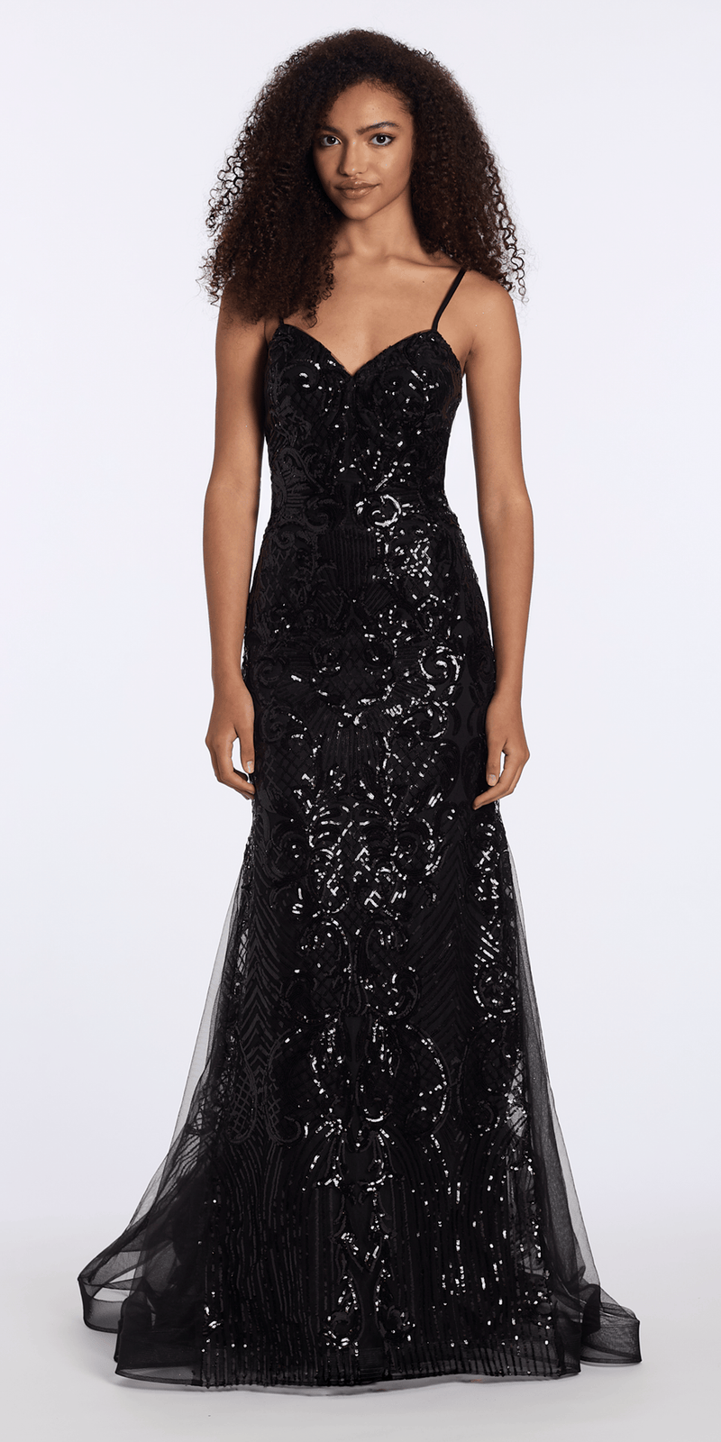 black/size/2/missy/Camille La Vie/Sweetheart Sequin Corset Trumpet Dress with Mesh Godets/front