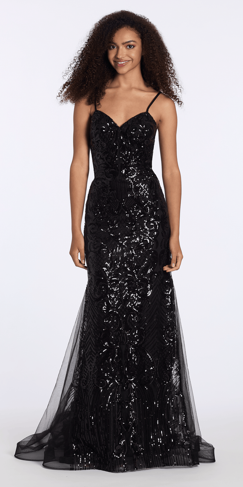 black/size/2/missy/Camille La Vie/Sweetheart Sequin Corset Trumpet Dress with Mesh Godets/front alt