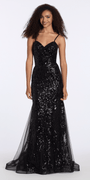 black/size/2/missy/Camille La Vie/Sweetheart Sequin Corset Trumpet Dress with Mesh Godets/front alt
