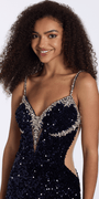 navy/size/4/missy/Camille La Vie/Sequin Velvet Plunging Column Dress with Rhinestone Detail/close up