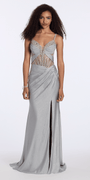 silver/size/2/missy/Camille La Vie/Sweetheart Glitter Knit Rhinestone Corset Column Dress with Side Slit/front 