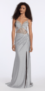 silver/size/2/missy/Camille La Vie/Sweetheart Glitter Knit Rhinestone Corset Column Dress with Side Slit/front alt