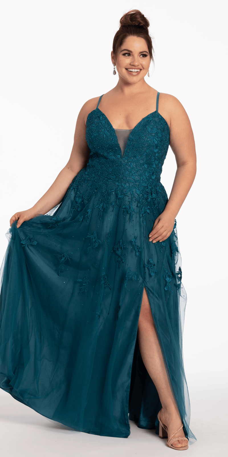 Mesh Applique Plunging Lace Up A Line Dress - Camille La Vie