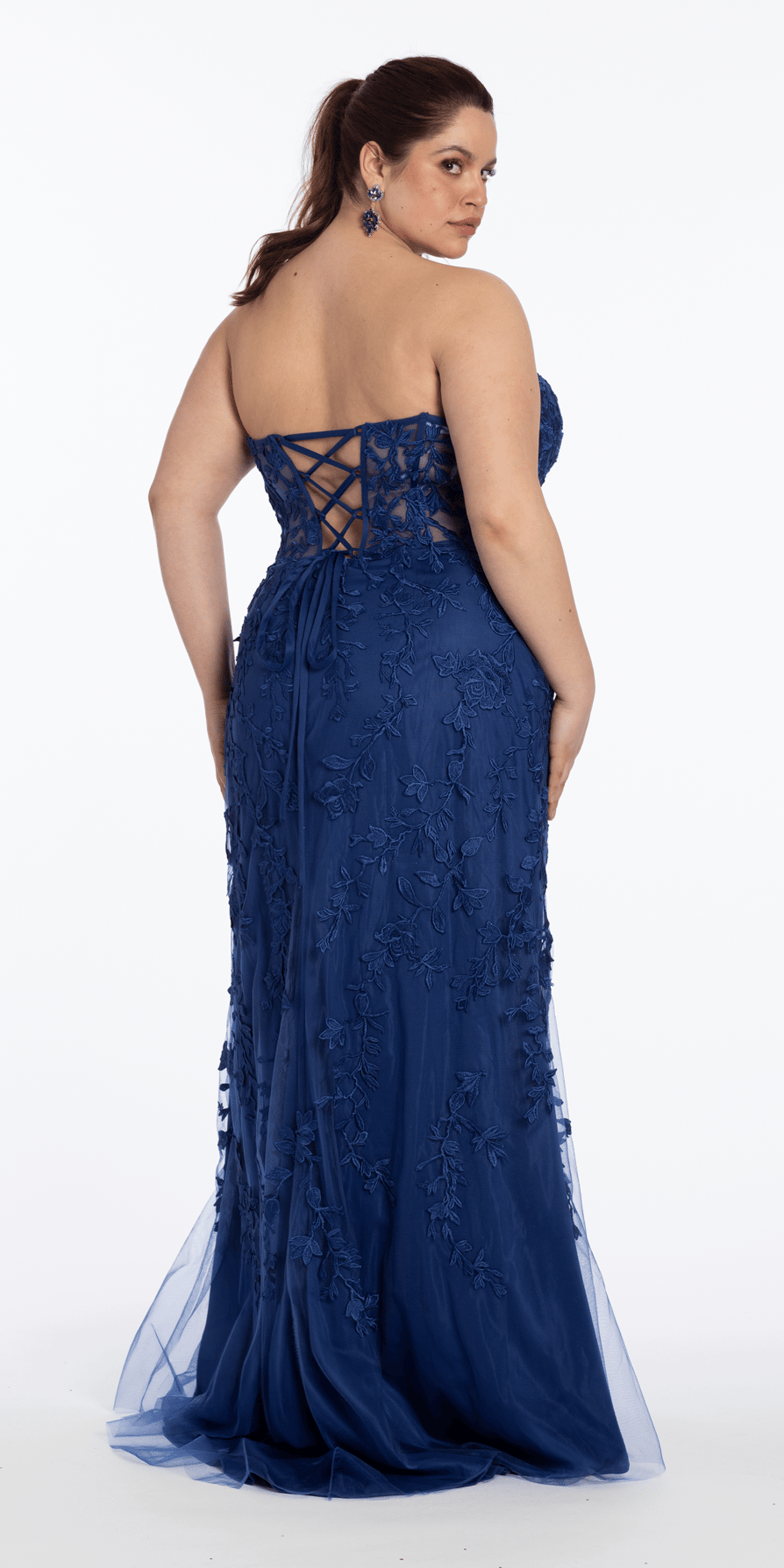 Strapless Mesh Embroidered Lace Up Back Column Dress - Camille La Vie