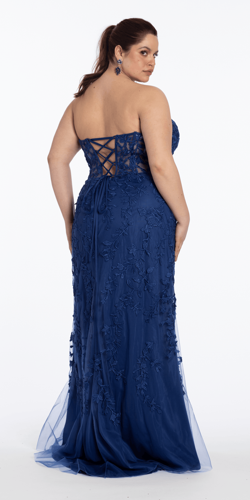 Strapless Mesh Embroidered Lace Up Back Column Dress - Camille La Vie