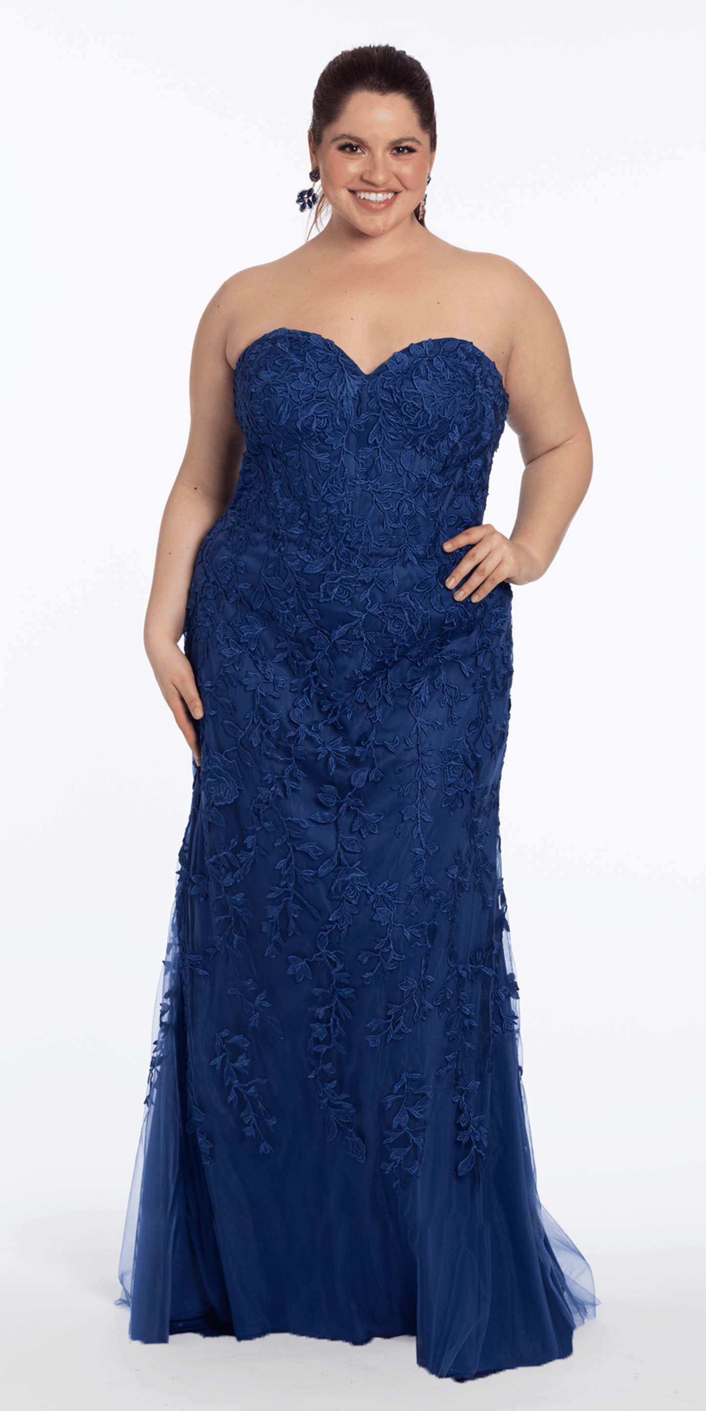 Strapless Mesh Embroidered Lace Up Back Column Dress - Camille La Vie