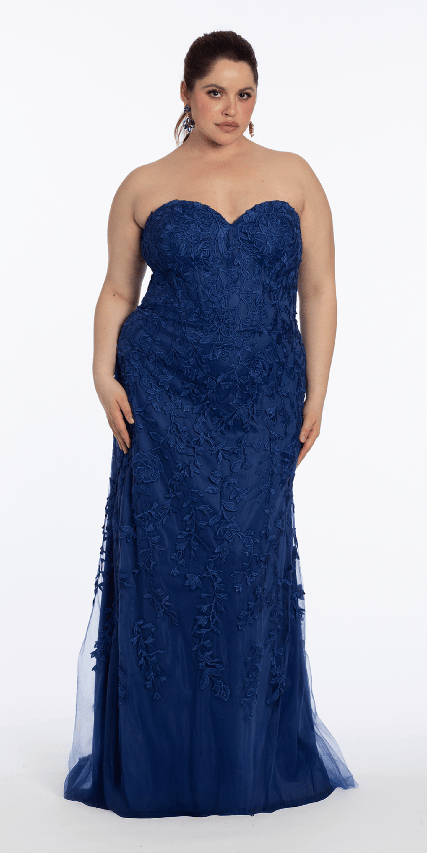 Strapless Mesh Embroidered Lace Up Back Column Dress - Camille La Vie
