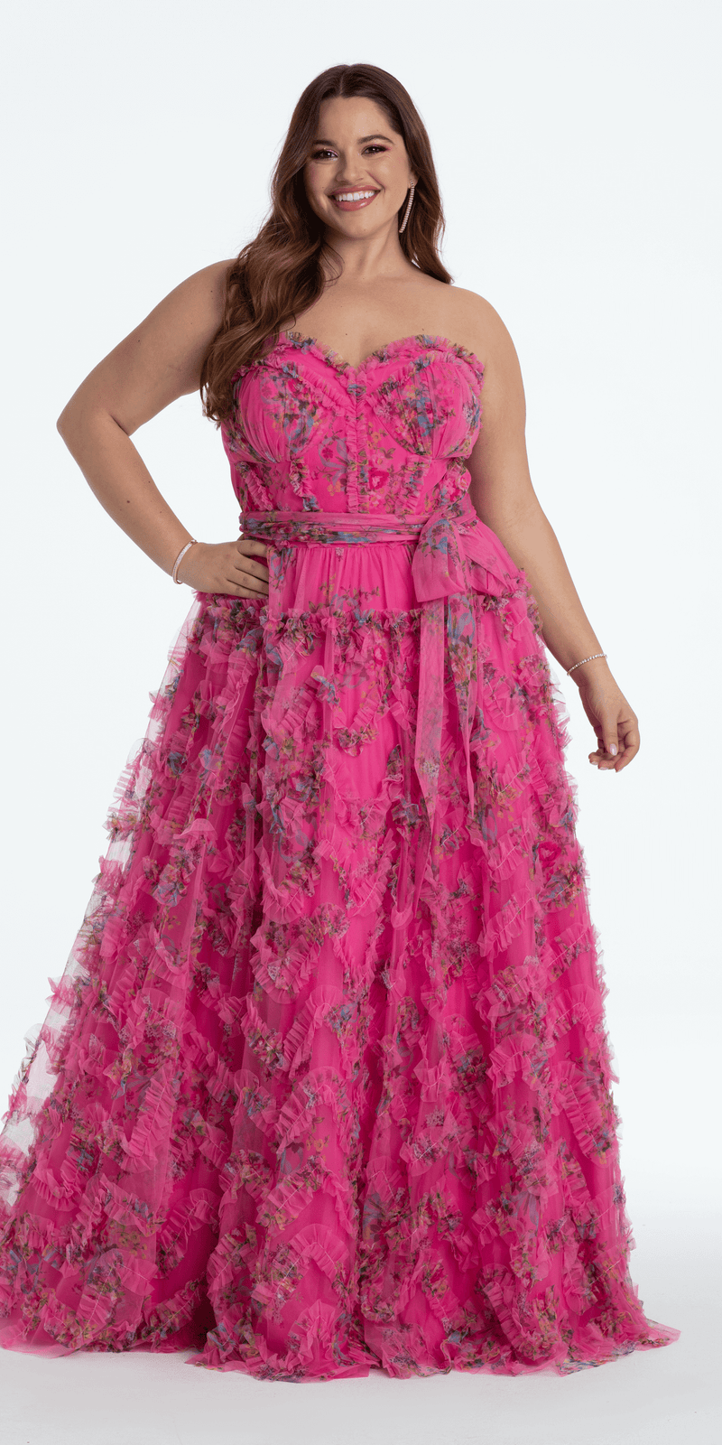 Floral Tulle Corset Ballgown with Waist Tie - Camille La Vie