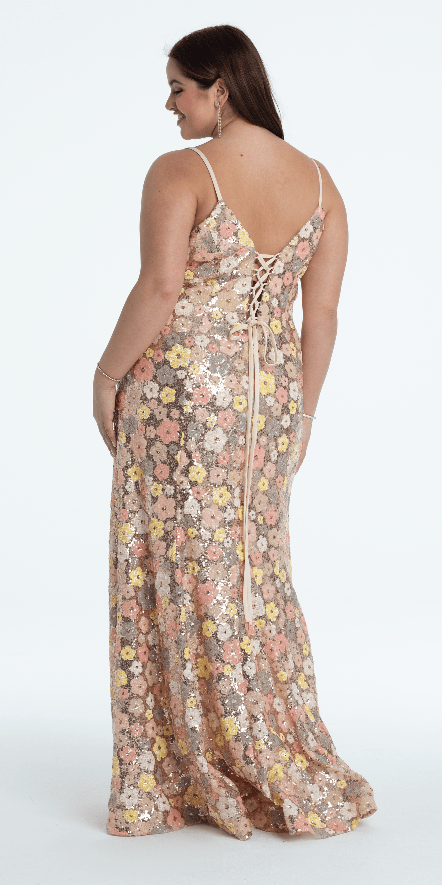 Plunging Sequin Daisy Lace Up Back Trumpet Dress - Camille La Vie
