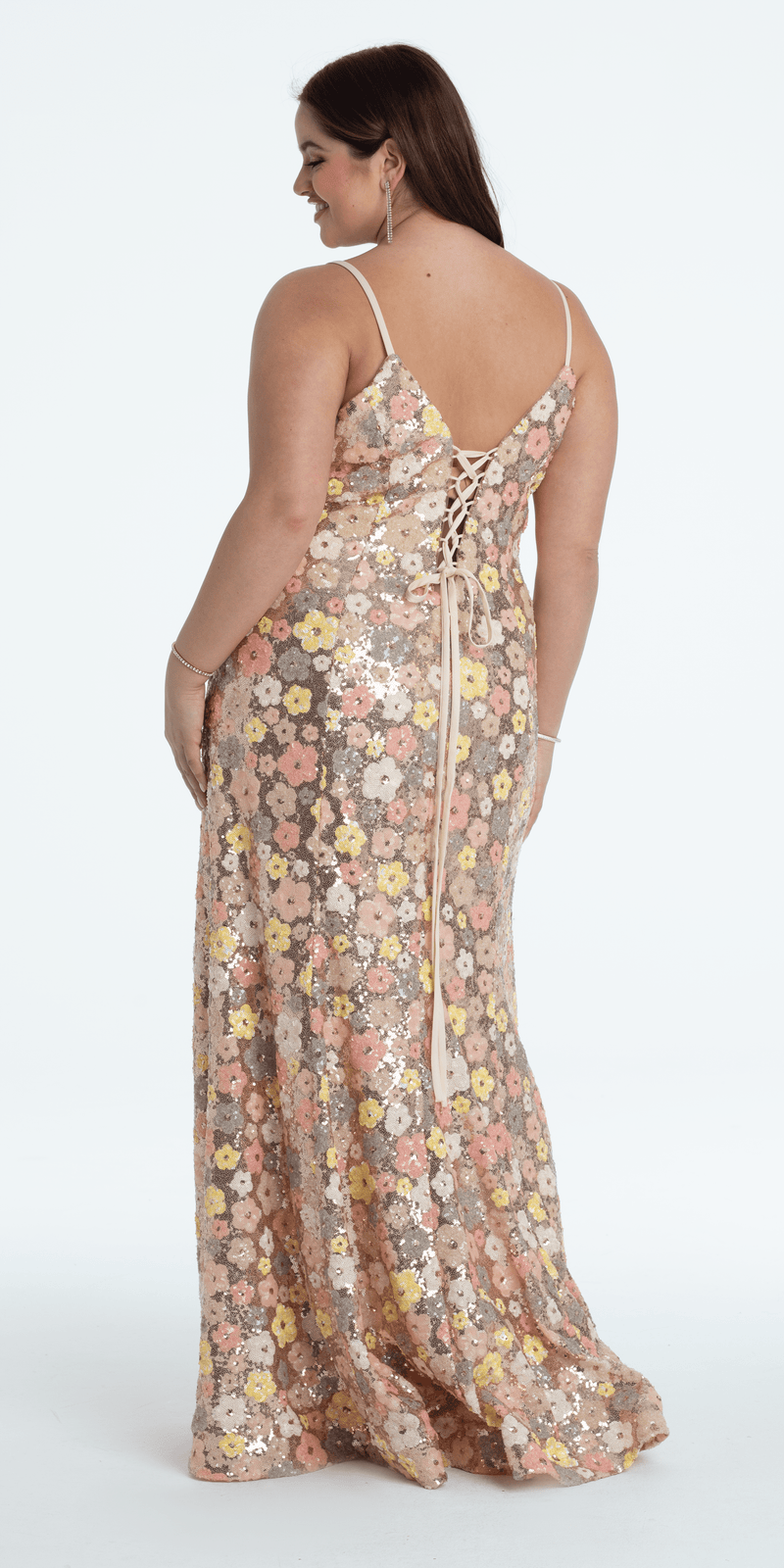 Plunging Sequin Daisy Lace Up Back Trumpet Dress - Camille La Vie