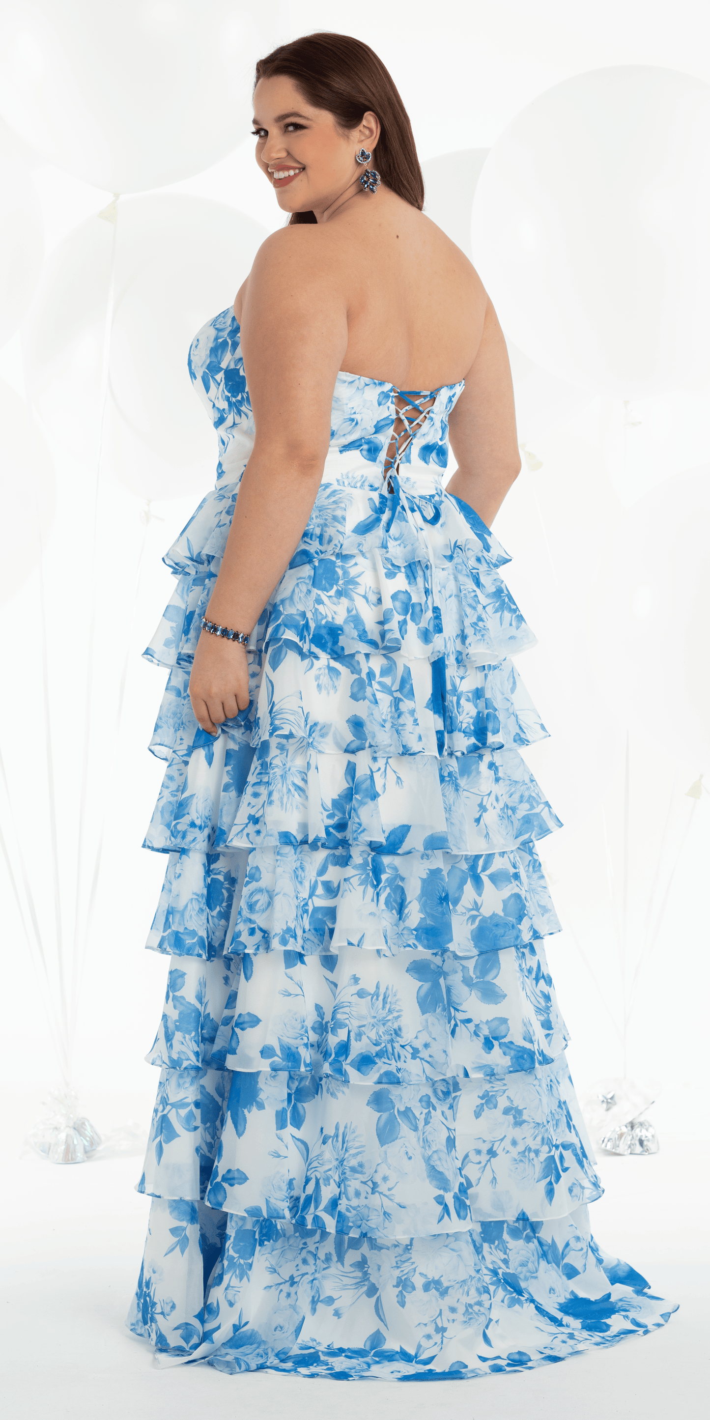 Strapless Floral Chiffon Tiered Ballgown with Side Slit - Camille La Vie