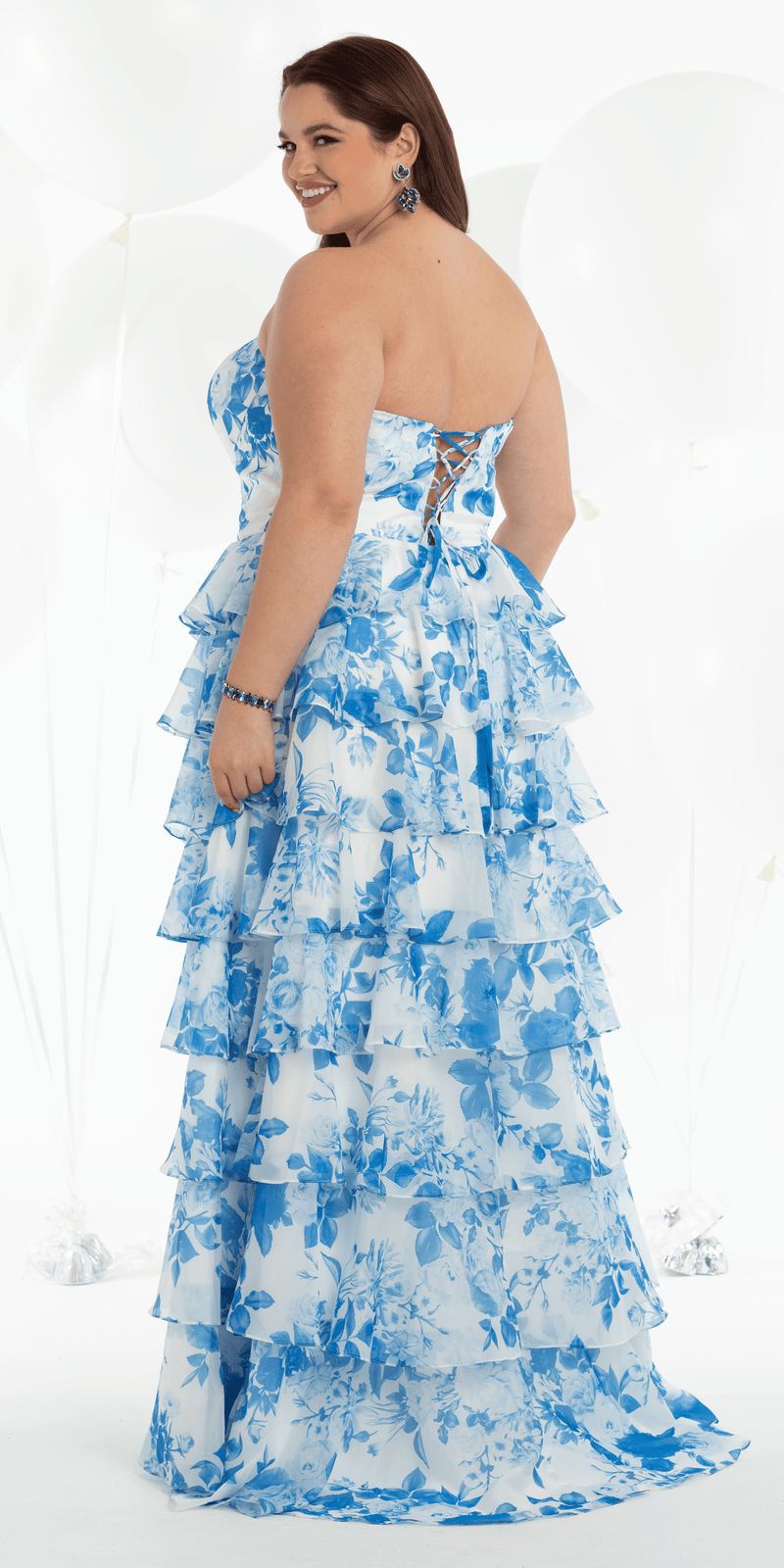 Strapless Floral Chiffon Tiered Ballgown with Side Slit - Camille La Vie