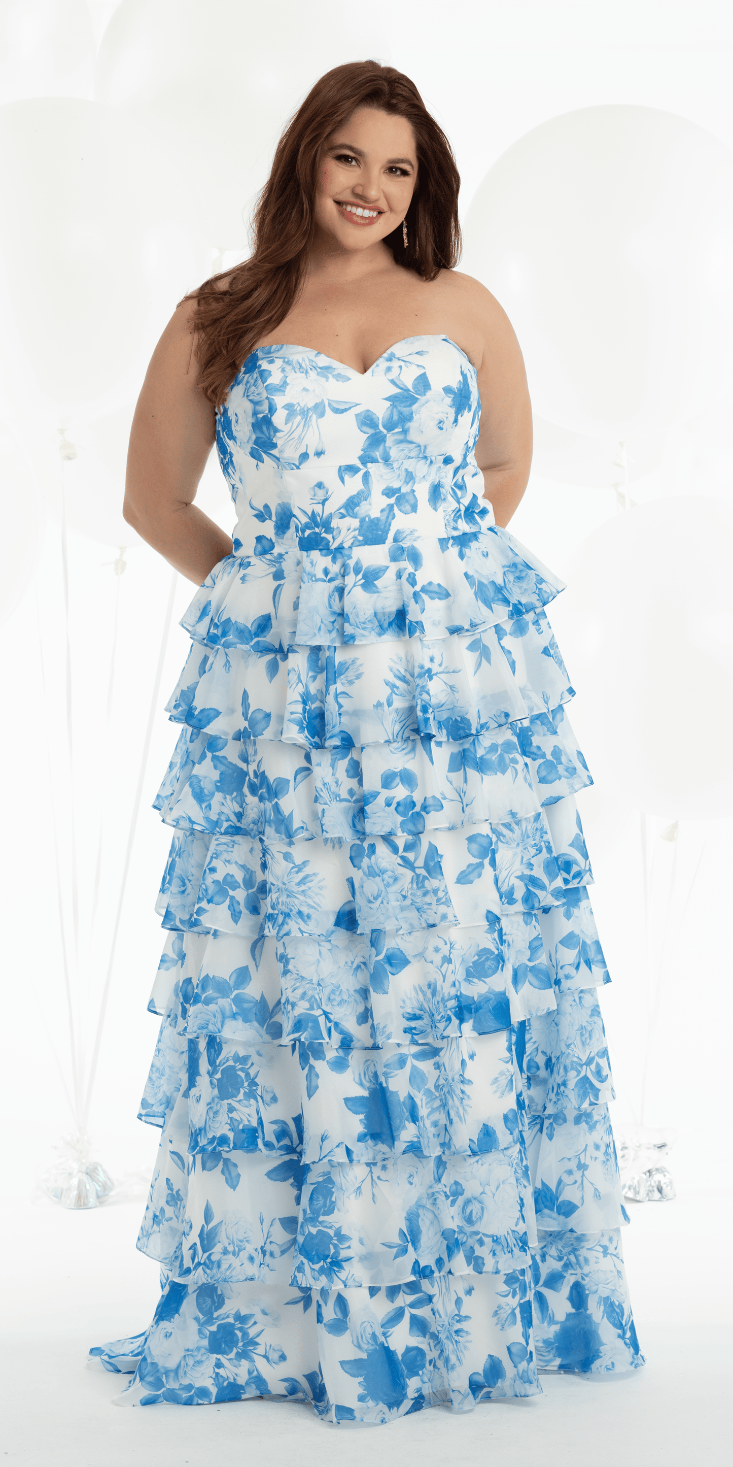 Strapless Floral Chiffon Tiered Ballgown with Side Slit - Camille La Vie