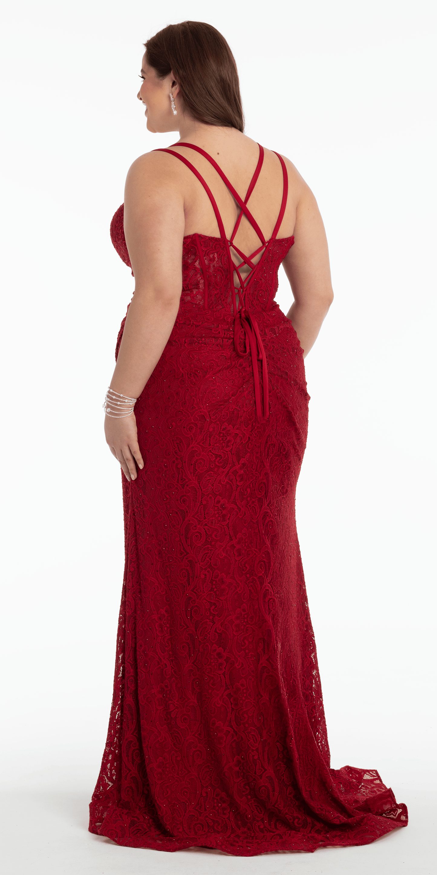 Sweetheart Lace Strappy Back Column Dress with Heat Set Stones - Camille La Vie
