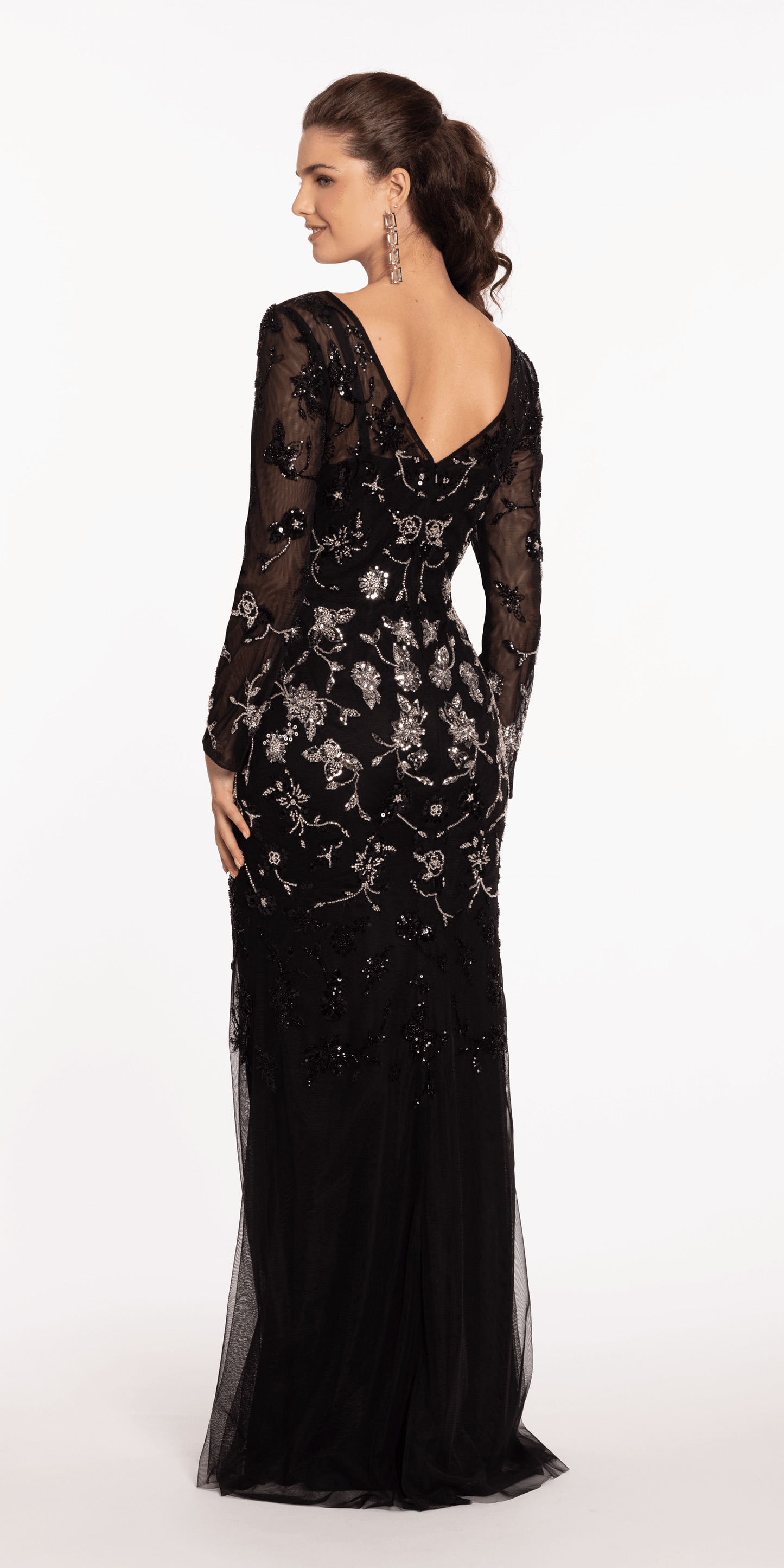 Mesh Long Sleeve Boatneck Column Dress with Beading - Camille La Vie