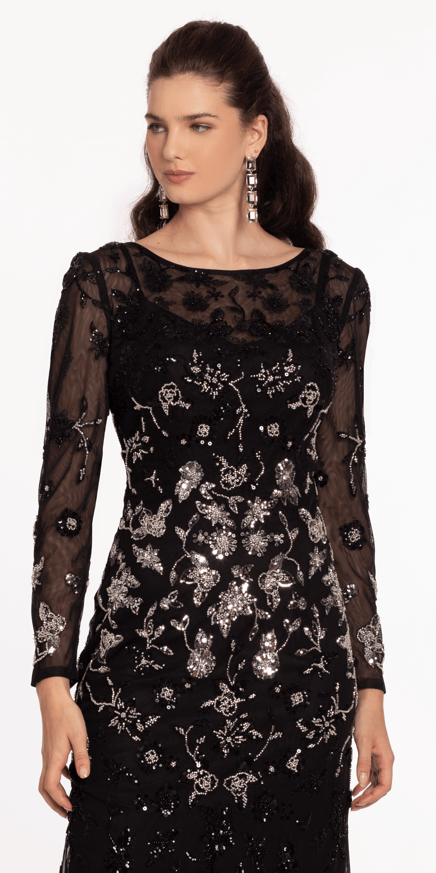 Mesh Long Sleeve Boatneck Column Dress with Beading - Camille La Vie