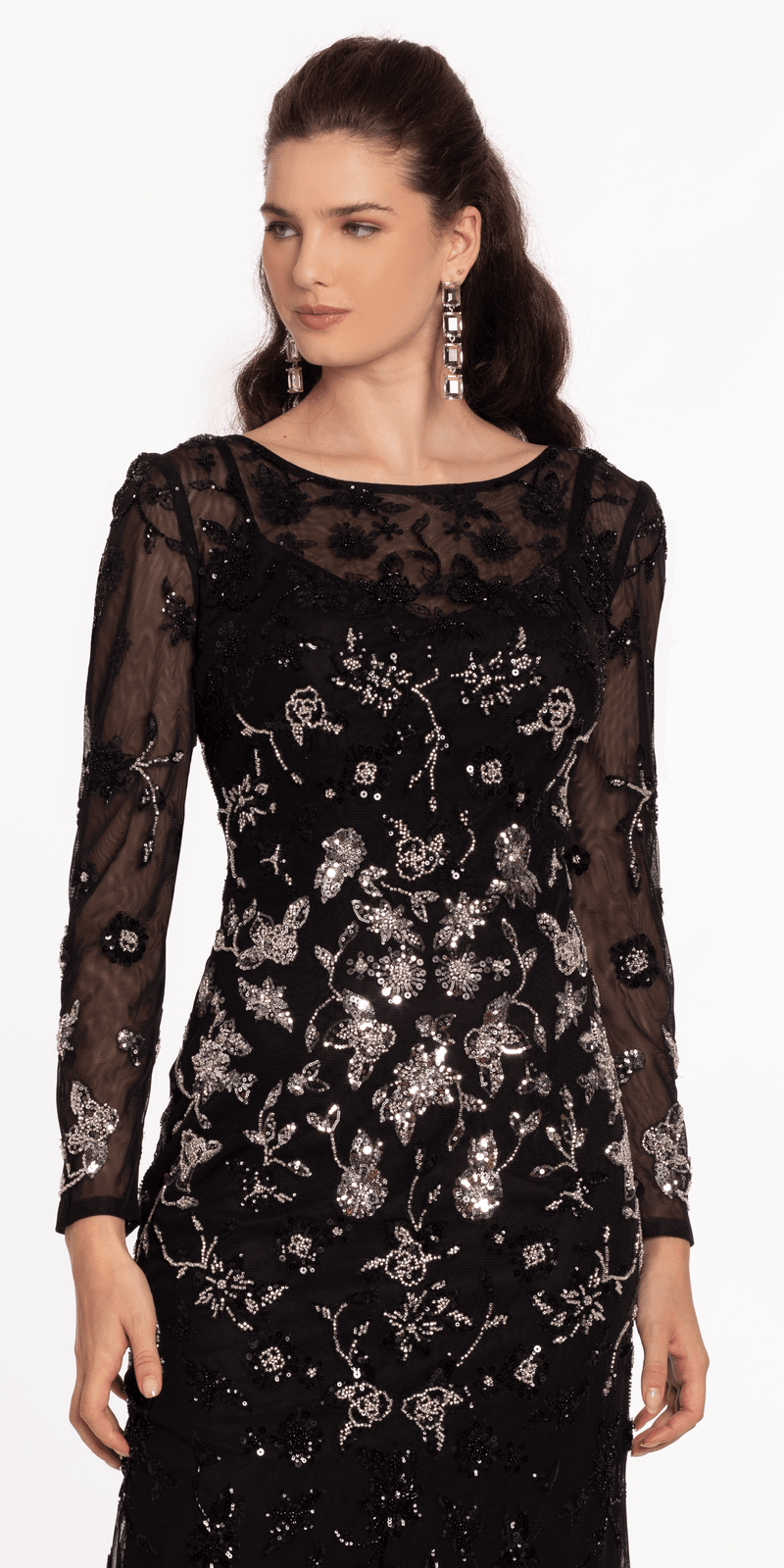 Mesh Long Sleeve Boatneck Column Dress with Beading - Camille La Vie