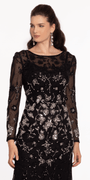 Mesh Long Sleeve Boatneck Column Dress with Beading - Camille La Vie